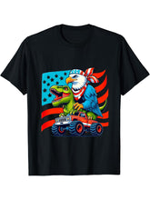 Bald Eagle T-Rex Riding Monster Truck USA American Flag T-Shirt 180G 100% Cotton Printed Round Neck Short-Sleeve T-Shirt, Gifts for Men Dad Husband Grandpa, S-XXXL, Black