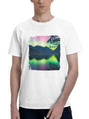 Aurora Lights On Fiordland New Zealand 180G 100% Cotton Printed Round Neck Short-Sleeve T-Shirt, Gifts for Men Dad Husband Grandpa, S-XXXL, White