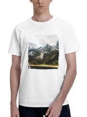 Autumn Landscape Lake Mountains Nature Paradise 180G 100% Cotton Printed Round Neck Short-Sleeve T-Shirt, Gifts for Men Dad Husband Grandpa, S-XXXL, White