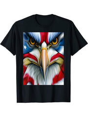 Bald Eagle Front View American Flag Design USA 4th of July T-Shirt 180G 100% Cotton Printed Round Neck Short-Sleeve T-Shirt, Gifts for Men Dad Husband Grandpa, S-XXXL, Black