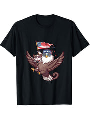 4th Of July Funny Bald Eagle Cat America USA Fourth Of July T-Shirt 180G 100% Cotton Printed Round Neck Short-Sleeve T-Shirt, Gifts for Men Dad Husband Grandpa, S-XXXL, Black