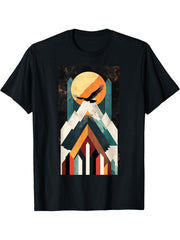 Bald Eagle Mountains Geometric Wildlife art T-Shirt 180G 100% Cotton Printed Round Neck Short-Sleeve T-Shirt, Gifts for Men Dad Husband Grandpa, S-XXXL, Black