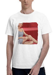 Barefoot Girl Sitting In Red Stairs 180G 100% Cotton Printed Round Neck Short-Sleeve T-Shirt, Gifts for Men Dad Husband Grandpa, S-XXXL, White