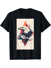 Bald Eagle Mountains Geometric Wildlife art T-Shirt 180G 100% Cotton Printed Round Neck Short-Sleeve T-Shirt, Gifts for Men Dad Husband Grandpa, S-XXXL, Black