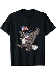 4th Of July Cat Bald Eagle American Flag Fourth Of July USA T-Shirt 180G 100% Cotton Printed Round Neck Short-Sleeve T-Shirt, Gifts for Men Dad Husband Grandpa, S-XXXL, Black