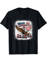 4th of July Bald Is Beautiful Bald Eagle Men Women Gift T-Shirt 180G 100% Cotton Printed Round Neck Short-Sleeve T-Shirt, Gifts for Men Dad Husband Grandpa, S-XXXL, Black