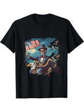 Fourth Of July Bald Eagle Abraham Lincoln Patriotic America T-Shirt 180G 100% Cotton Printed Round Neck Short-Sleeve T-Shirt, Gifts for Men Dad Husband Grandpa, S-XXXL, Black