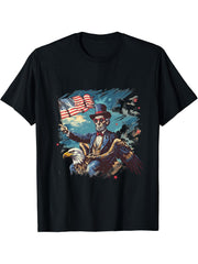 Fourth Of July Bald Eagle Abraham Lincoln Patriotic America T-Shirt 180G 100% Cotton Printed Round Neck Short-Sleeve T-Shirt, Gifts for Men Dad Husband Grandpa, S-XXXL, Black