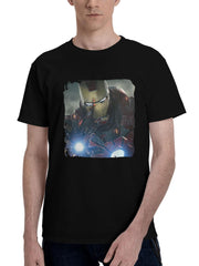 American-Iron Man 180G 100% Cotton Printed Round Neck Short-Sleeve T-Shirt, Christmas Gifts for Men Dad Husband Grandpa, S-XXXL, Black
