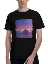 Glowing-Mountain Majesty 180G 100% Cotton Printed Round Neck Short-Sleeve T-Shirt, Christmas Gifts for Men Dad Husband Grandpa, S-XXXL, Black