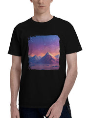 Glowing-Mountain Majesty 180G 100% Cotton Printed Round Neck Short-Sleeve T-Shirt, Christmas Gifts for Men Dad Husband Grandpa, S-XXXL, Black