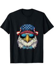 4th Of July American Flag Bald Eagle Sunglass Patriotic USA T-Shirt 180G 100% Cotton Printed Round Neck Short-Sleeve T-Shirt, Gifts for Men Dad Husband Grandpa, S-XXXL, Black