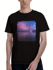 Landscape-Photography Of Body Of Water Under Dramatic Sky 180G 100% Cotton Printed Round Neck Short-Sleeve T-Shirt, Christmas Gifts for Men Dad Husband Grandpa, S-XXXL, Black