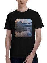 Landscape-Reflection Sea 180G 100% Cotton Printed Round Neck Short-Sleeve T-Shirt, Christmas Gifts for Men Dad Husband Grandpa, S-XXXL, Black