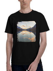 Landscape-Water Reflection Mountains 180G 100% Cotton Printed Round Neck Short-Sleeve T-Shirt, Christmas Gifts for Men Dad Husband Grandpa, S-XXXL, Black