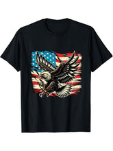 American Bald Eagle with USA Flag 4th of July T-Shirt 180G 100% Cotton Printed Round Neck Short-Sleeve T-Shirt, Gifts for Men Dad Husband Grandpa, S-XXXL, Black