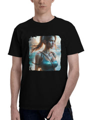 Lara-Croft In All Her Glory 180G 100% Cotton Printed Round Neck Short-Sleeve T-Shirt, Christmas Gifts for Men Dad Husband Grandpa, S-XXXL, Black