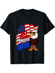 All American Bruh Bald Eagle Sunglasses Boots 4th Of July T-Shirt 180G 100% Cotton Printed Round Neck Short-Sleeve T-Shirt, Gifts for Men Dad Husband Grandpa, S-XXXL, Black