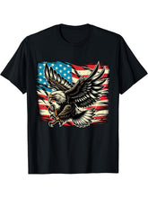 American Bald Eagle with USA Flag 4th of July T-Shirt 180G 100% Cotton Printed Round Neck Short-Sleeve T-Shirt, Gifts for Men Dad Husband Grandpa, S-XXXL, Black