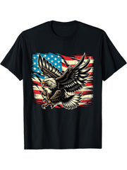 American Bald Eagle with USA Flag 4th of July T-Shirt 180G 100% Cotton Printed Round Neck Short-Sleeve T-Shirt, Gifts for Men Dad Husband Grandpa, S-XXXL, Black