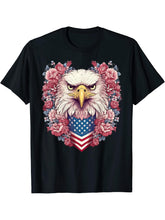 Bald Eagle Pink Roses USA Flag 4th Of July Women Girls Cute T-Shirt 180G 100% Cotton Printed Round Neck Short-Sleeve T-Shirt, Gifts for Men Dad Husband Grandpa, S-XXXL, Black