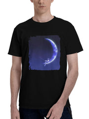 Living-On Moon 180G 100% Cotton Printed Round Neck Short-Sleeve T-Shirt, Christmas Gifts for Men Dad Husband Grandpa, S-XXXL, Black