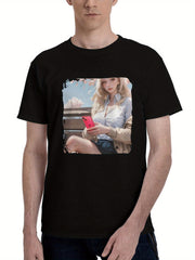 A-Schoolgirl S Restful Moment With Smartphone In Cherry Blossom Whispers 180G 100% Cotton Printed Round Neck Short-Sleeve T-Shirt, Christmas Gifts for Men Dad Husband Grandpa, S-XXXL, Black