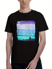 A-Simple Scene Minimal 180G 100% Cotton Printed Round Neck Short-Sleeve T-Shirt, Christmas Gifts for Men Dad Husband Grandpa, S-XXXL, Black