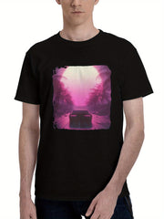 A-Synthwave Car Journey Through Time 180G 100% Cotton Printed Round Neck Short-Sleeve T-Shirt, Christmas Gifts for Men Dad Husband Grandpa, S-XXXL, Black