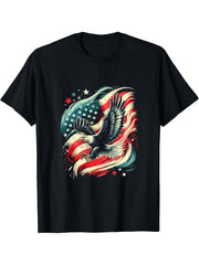 Bald Eagle American Flag 4th Of July T-Shirt 180G 100% Cotton Printed Round Neck Short-Sleeve T-Shirt, Gifts for Men Dad Husband Grandpa, S-XXXL, Black