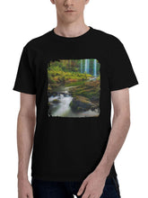 A-Waterfall Flowing Through A Subtropical Forest 180G 100% Cotton Printed Round Neck Short-Sleeve T-Shirt, Christmas Gifts for Men Dad Husband Grandpa, S-XXXL, Black