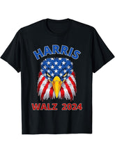 Harris Walz 2024 Patriotic American Bald Eagle Election T-Shirt 180G 100% Cotton Printed Round Neck Short-Sleeve T-Shirt, Gifts for Men Dad Husband Grandpa, S-XXXL, Black