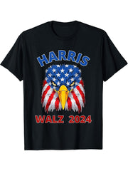 Harris Walz 2024 Patriotic American Bald Eagle Election T-Shirt 180G 100% Cotton Printed Round Neck Short-Sleeve T-Shirt, Gifts for Men Dad Husband Grandpa, S-XXXL, Black