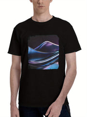 Abstract-Waves Design 180G 100% Cotton Printed Round Neck Short-Sleeve T-Shirt, Christmas Gifts for Men Dad Husband Grandpa, S-XXXL, Black