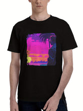Boy-With Sunglasses Vaporwave Sunset Glow Palm Trees Yacht Relaxing 180G 100% Cotton Printed Round Neck Short-Sleeve T-Shirt, Christmas Gifts for Men Dad Husband Grandpa, S-XXXL, Black