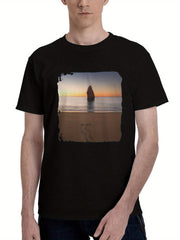 Beach-Sunset Relaxing 180G 100% Cotton Printed Round Neck Short-Sleeve T-Shirt, Christmas Gifts for Men Dad Husband Grandpa, S-XXXL, Black