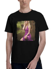 Beautiful-Girl In A Purple Dress Looking At Viewer 180G 100% Cotton Printed Round Neck Short-Sleeve T-Shirt, Christmas Gifts for Men Dad Husband Grandpa, S-XXXL, Black