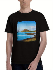 Beautiful-Landscape Iceland 180G 100% Cotton Printed Round Neck Short-Sleeve T-Shirt, Christmas Gifts for Men Dad Husband Grandpa, S-XXXL, Black