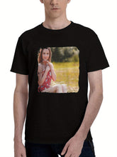 Brown-Haired Girl Sitting In A Dress Surrounded By Bokeh And Hay 180G 100% Cotton Printed Round Neck Short-Sleeve T-Shirt, Christmas Gifts for Men Dad Husband Grandpa, S-XXXL, Black