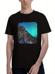 Brown-Rocky Mountains Under Blue Sky 180G 100% Cotton Printed Round Neck Short-Sleeve T-Shirt, Christmas Gifts for Men Dad Husband Grandpa, S-XXXL, Black