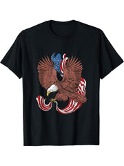 Bald Eagle with American Flag USA Fourth of July Patriotic T-Shirt 180G 100% Cotton Printed Round Neck Short-Sleeve T-Shirt, Gifts for Men Dad Husband Grandpa, S-XXXL, Black