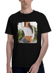 Brunette-Girl Pose Glasses White Crop Top 180G 100% Cotton Printed Round Neck Short-Sleeve T-Shirt, Christmas Gifts for Men Dad Husband Grandpa, S-XXXL, Black