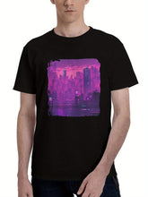 Buildings-Purple Ai Art 180G 100% Cotton Printed Round Neck Short-Sleeve T-Shirt, Christmas Gifts for Men Dad Husband Grandpa, S-XXXL, Black