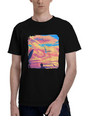 Birds-In Cloudy Skies 180G 100% Cotton Printed Round Neck Short-Sleeve T-Shirt, Christmas Gifts for Men Dad Husband Grandpa, S-XXXL, Black