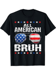 All American Bruh 4th Of July Boys Patriotic USA Teens Boy Girl T-Shirt 180G 100% Cotton Printed Round Neck Short-Sleeve T-Shirt, Gifts for Men Dad Husband Grandpa, S-XXXL, Black