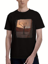 Acacia-Trees Sand Dunes 180G 100% Cotton Printed Round Neck Short-Sleeve T-Shirt, Christmas Gifts for Men Dad Husband Grandpa, S-XXXL, Black