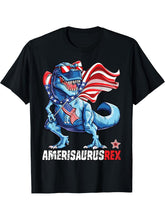 Dinosaur 4th of July Boys Girls Men Amerisaurus T Rex Funny T-Shirt 180G 100% Cotton Printed Round Neck Short-Sleeve T-Shirt, Gifts for Men Dad Husband Grandpa, S-XXXL, Black