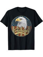 American Pride 4th Of July Bald Eagle USA Merica Distressed T-Shirt 180G 100% Cotton Printed Round Neck Short-Sleeve T-Shirt, Gifts for Men Dad Husband Grandpa, S-XXXL, Black