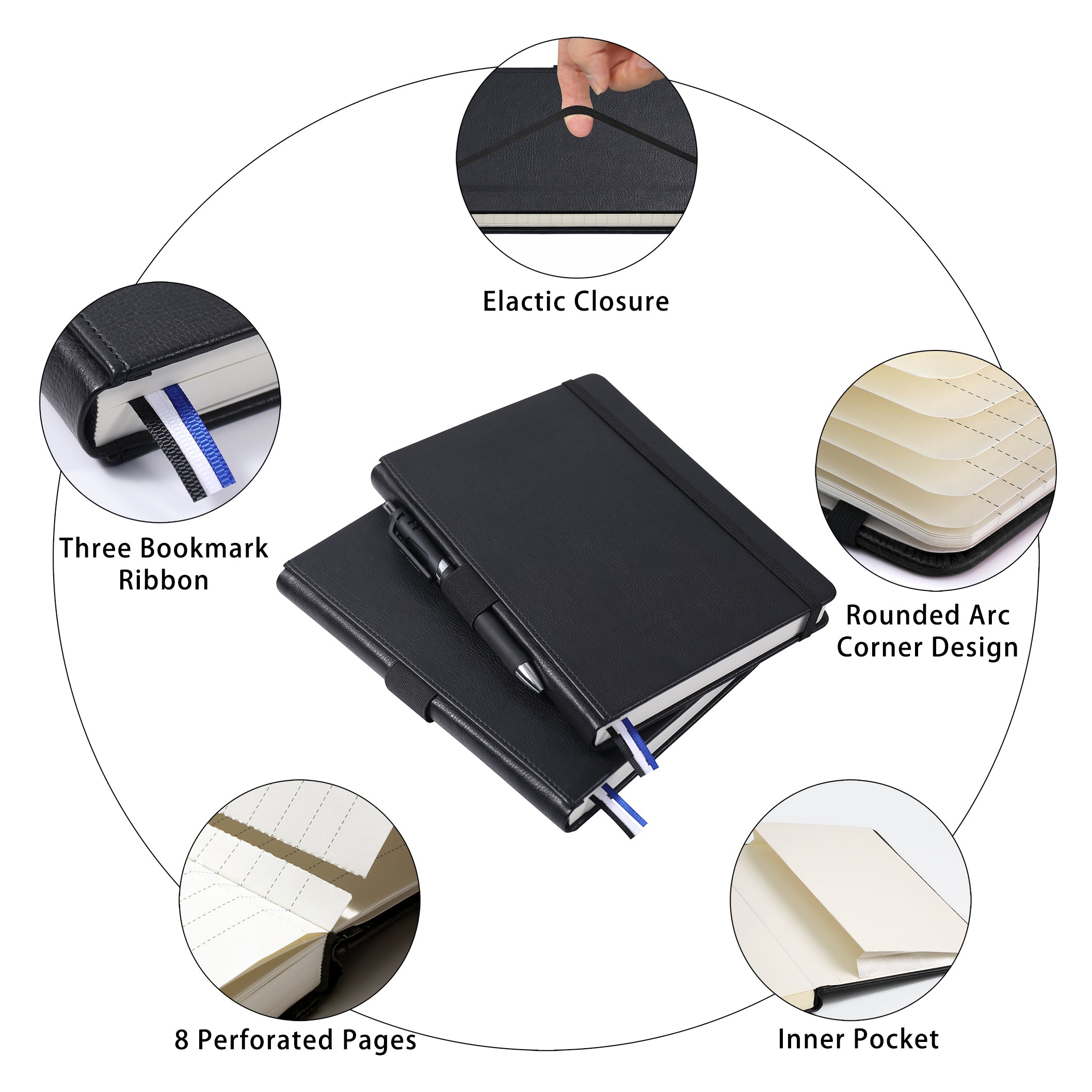 Thick Hardcover Notebook/Journal with A5 120gsm Premium Paper, College Ruled Bound Notebook with Pen Holder, Black Leather, 3 Ribbon Marker, Inner Pocket, 8.4 x 5.7 in