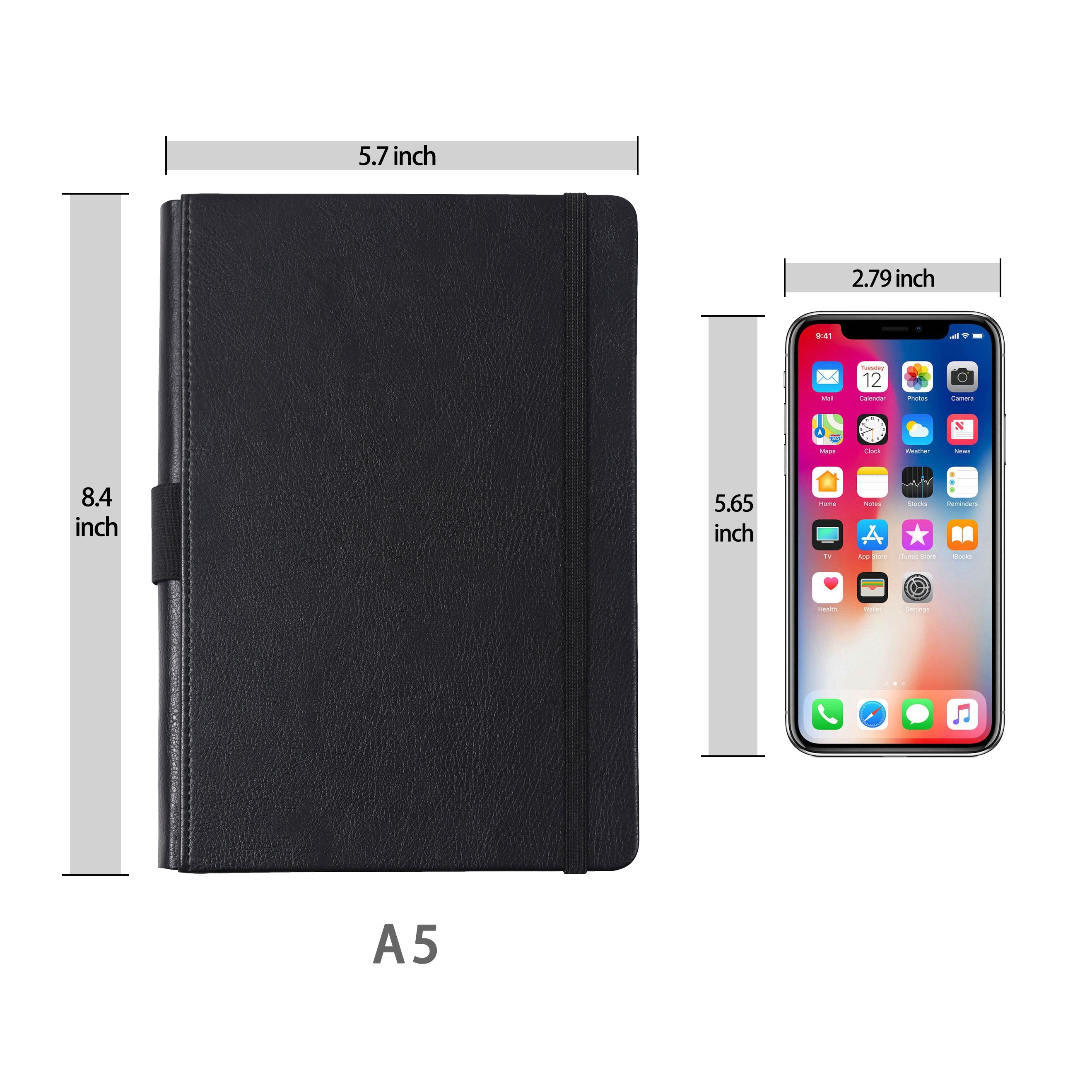 Thick Hardcover Notebook/Journal with A5 120gsm Premium Paper, College Ruled Bound Notebook with Pen Holder, Black Leather, 3 Ribbon Marker, Inner Pocket, 8.4 x 5.7 in